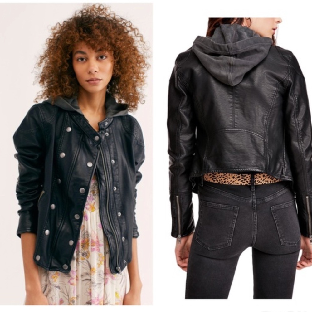 Free People New Dawn Hooded Vegan Leather Jacket Size XS